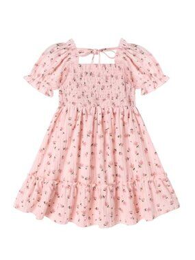 Girls Floral Puff Sleeve Smocked Cotton Dress with Back Tie
